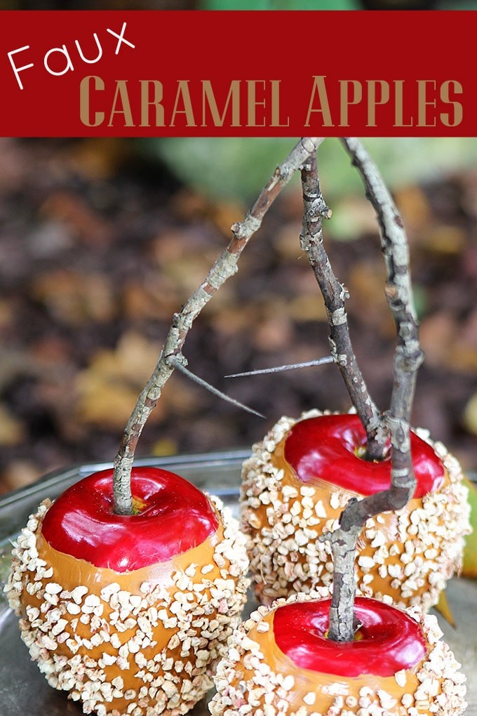 Quick and easy instructions for making faux caramel apples. A great addition to your DIY fall decor (how cute would these look sitting on a plate in your kitchen) and great for Halloween party decorations too! #fall #falldecor #halloween #halloweenparty #halloweendecorations 
