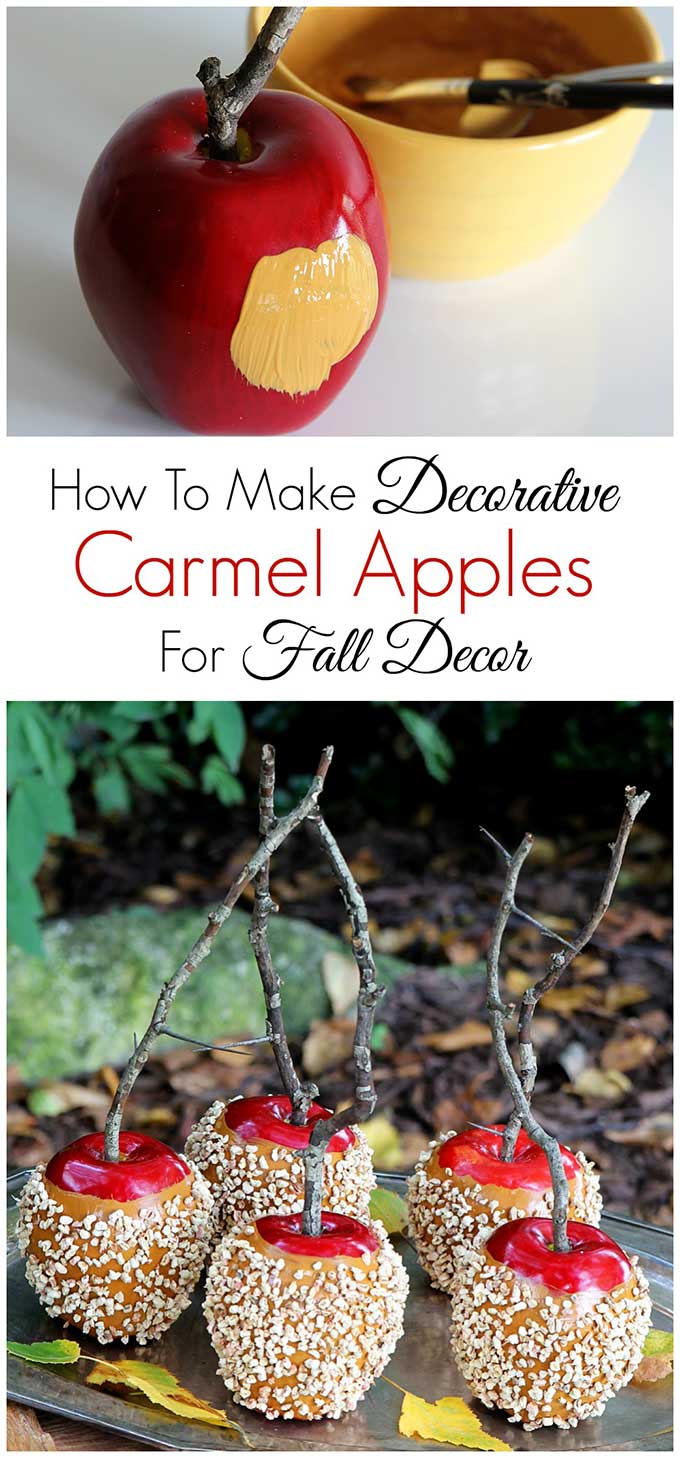 Quick and easy instructions for making faux caramel apples. A great addition to your DIY fall decor (how cute would these look sitting on a plate in your kitchen) and great for Halloween party decorations too! #fall #falldecor #halloween #halloweenparty #halloweendecorations