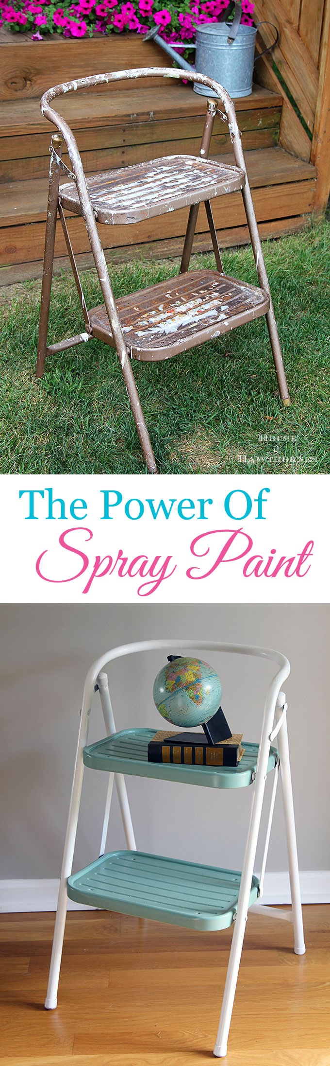 A yard sale makeover using spray paint to update a vintage step stool into a work of art. OK, that may be going a bit far, but it is a cute DIY project.