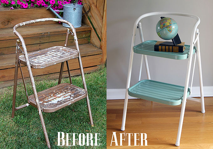 A yard sale makeover using spray paint to update a vintage step stool into a work of art. OK, that may be going a bit far, but it is a cute DIY project.