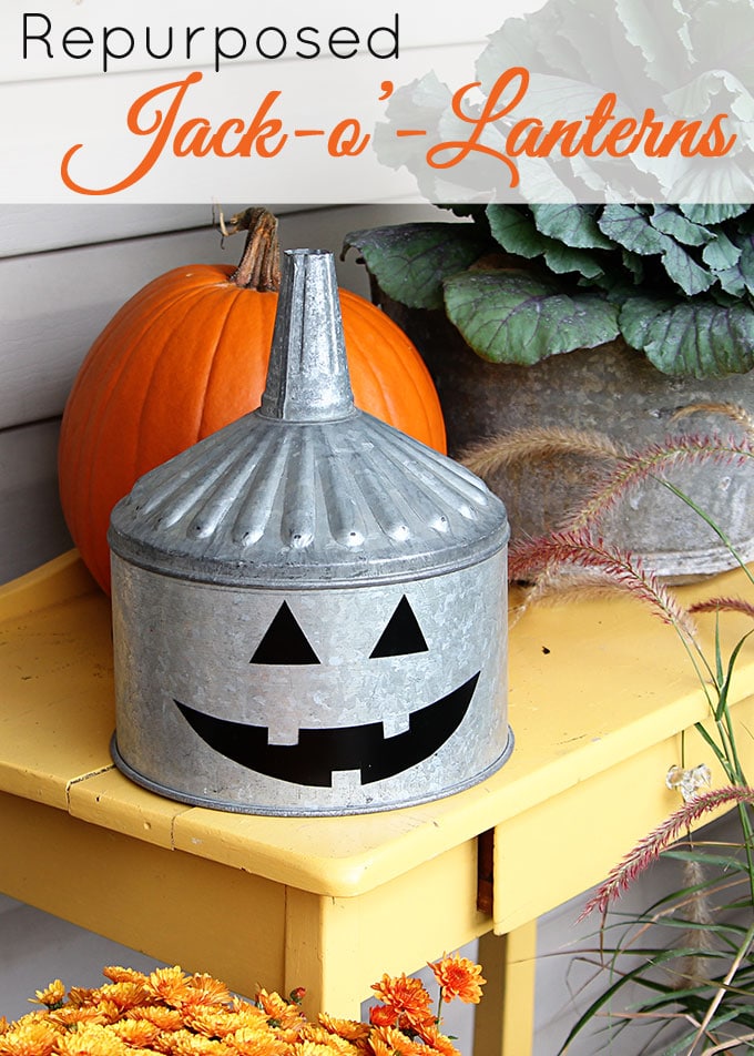 A super cute repurposed Jack-o-Lantern for Halloween made from a galvanized funnel. A quick and easy DIY project for fall!