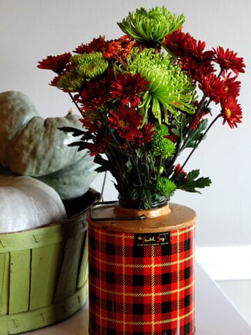 A vintage Skotch Kooler plaid jug makes a pretty good repurposed vase when in a pinch. You gotta love a good budget friendly upcycled DIY project.