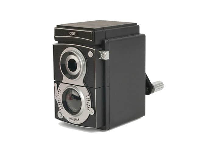 Vintage styled desk pencil sharpener that looks like a vintage camera.