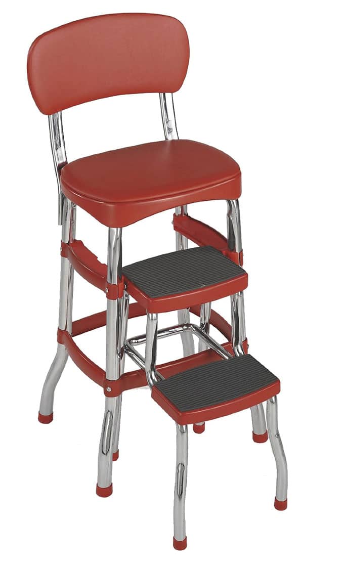 Red Cosco step stool that doubles as a chair.