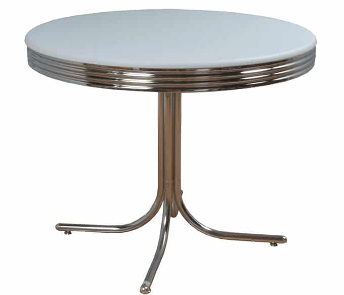 Round retro dining table with chrome around the edges and on the legs.