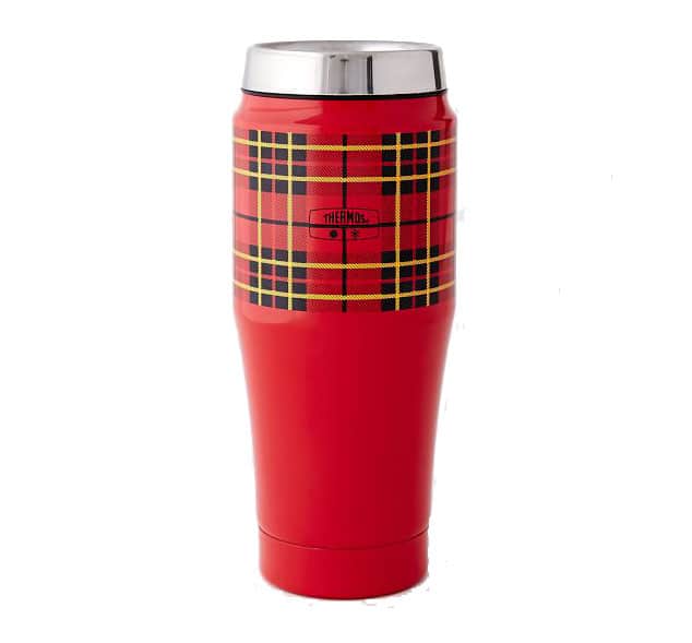 Red plaid thermal mug resembling a vintage thermos.