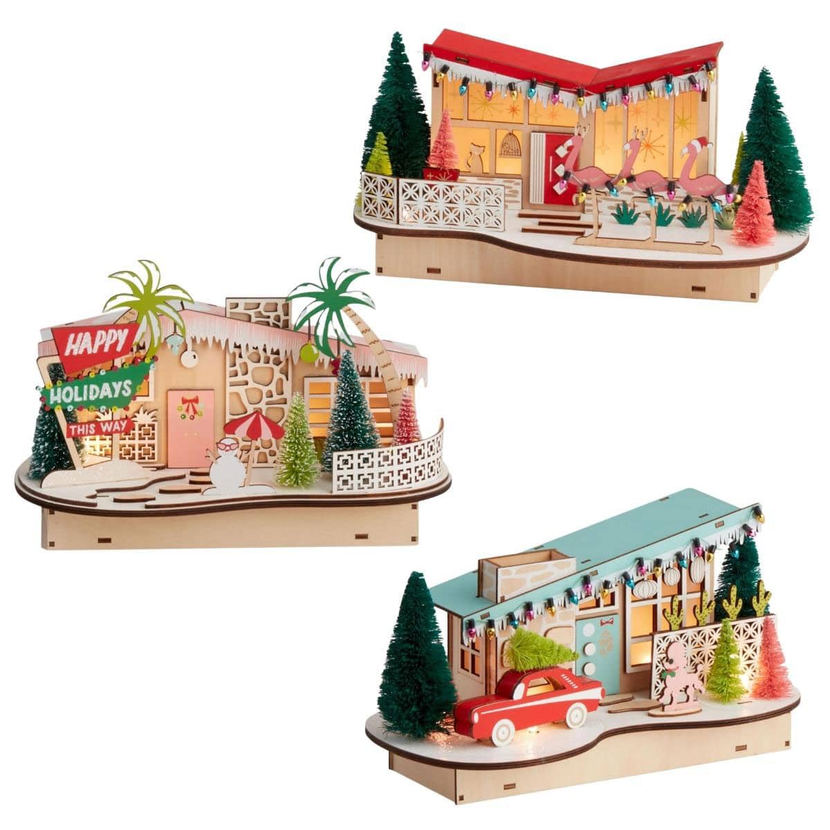 mid-century modern wooden houses for Christmas.