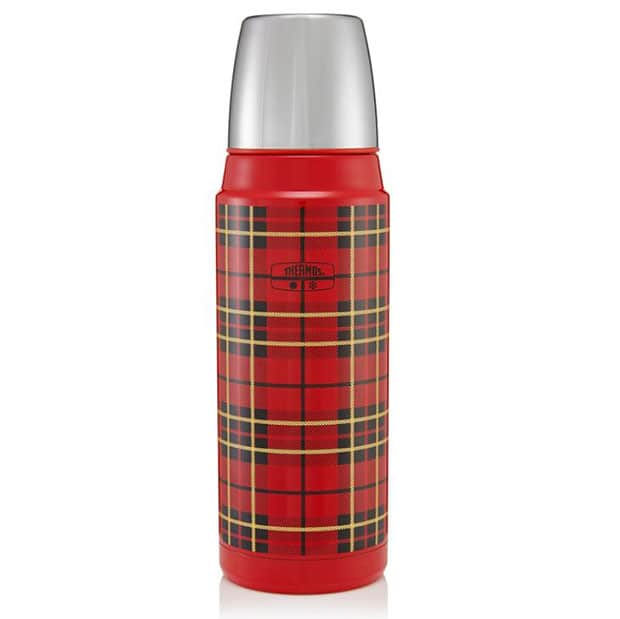 Plaid retro-style thermos that is actually new. In the traditional red, black and yellow tartan colors. 