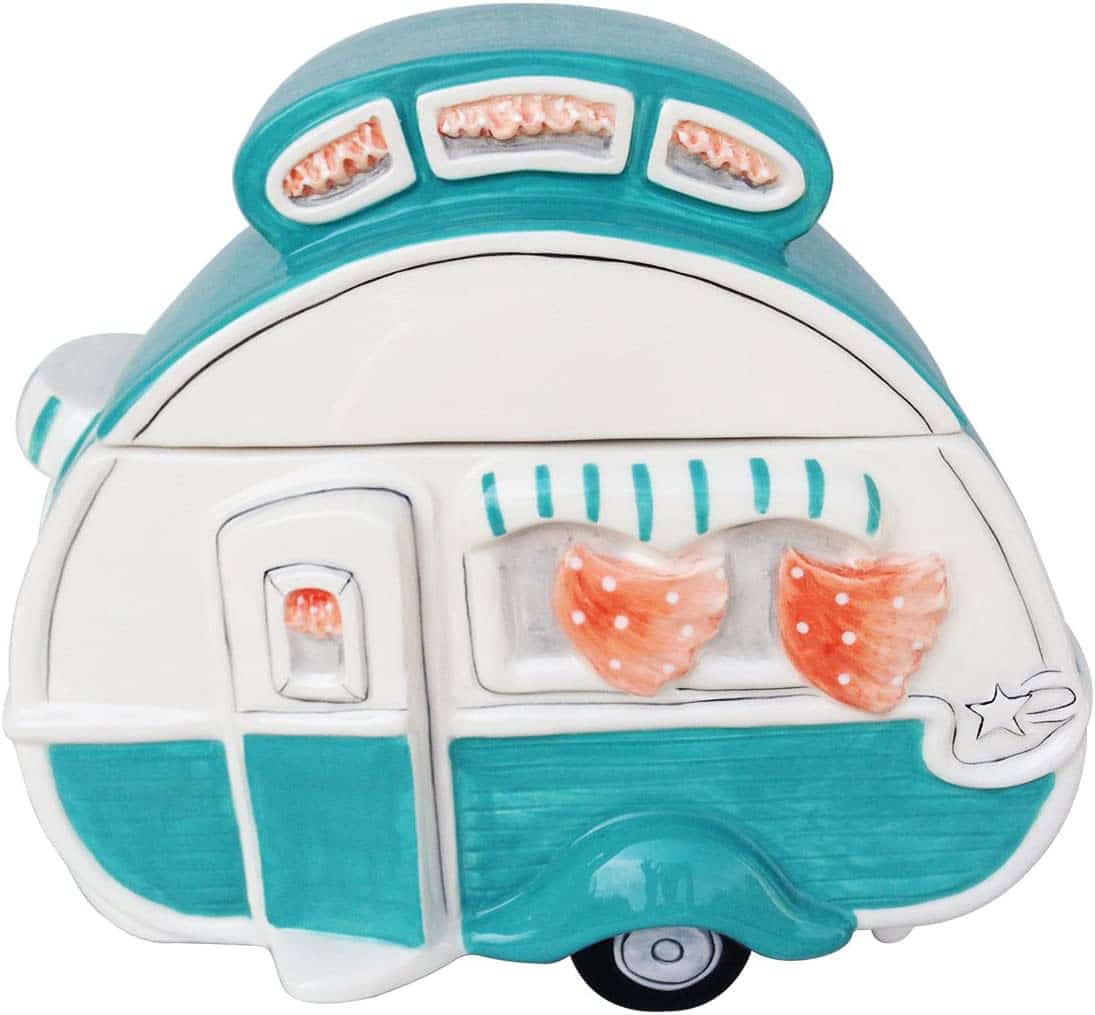 Turquoise vintage camper cookie jar.