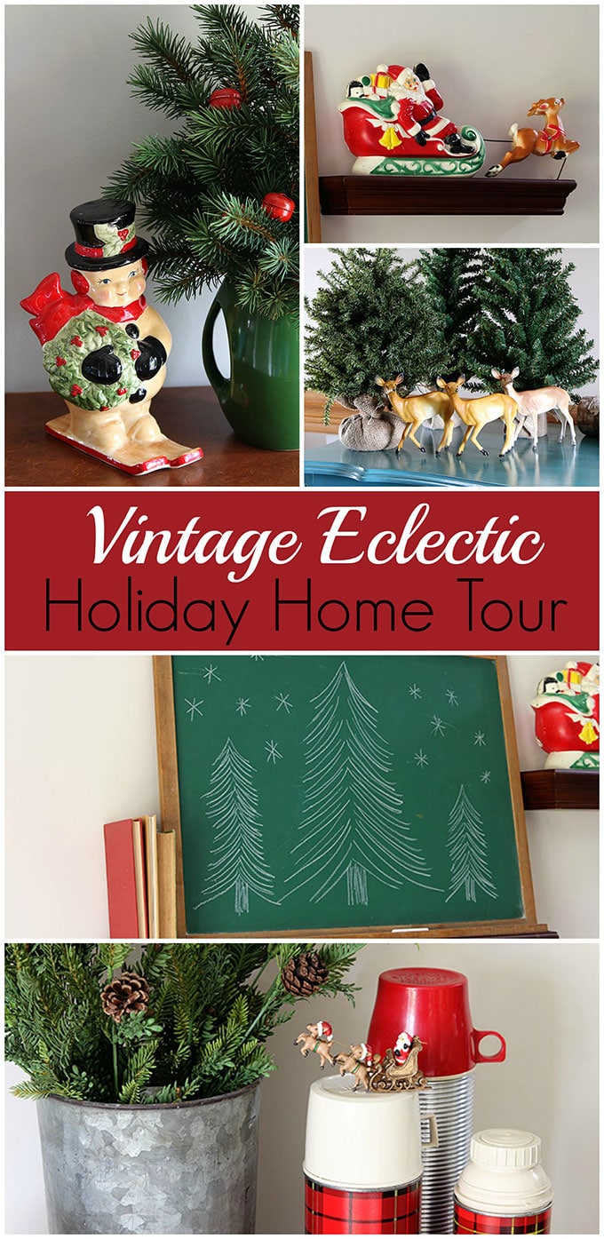 A fun and sassy vintage eclectic holiday home complete with a few kitschy blow molds, a small herd of plastic deer and plaid thermoses galore.