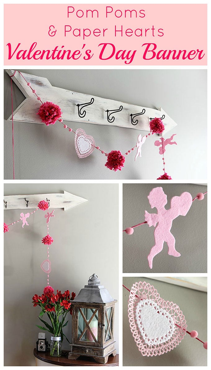 Learn how to make this quick and easy Valentines Day banner using items commonly found at the craft and dollar stores. #valentinesday #valentinecraft #pompom #easycrafts