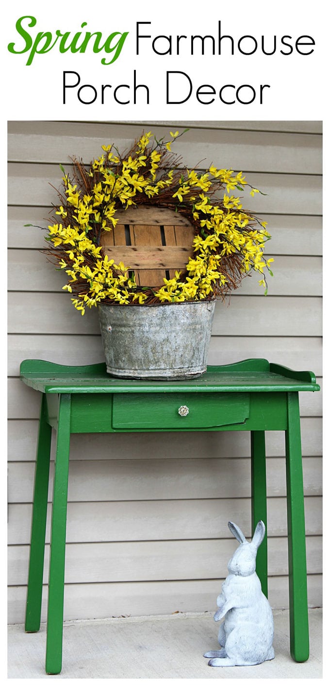 A simple and easy farmhouse spring porch decor idea made with things found in the shed. Truly spring decorating on a budget! #spring #porch #frontporch