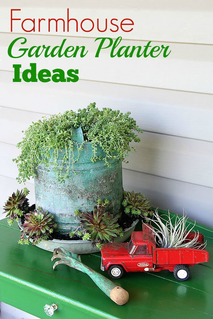 A chicken feeder or waterer filled with succulents is a great way to add a little farmhouse decor to your garden, porch or patio this summer. Other farmhouse garden planter ideas and tips on growing succulents are included!