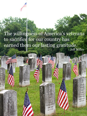 Flags at the cemetery for Memorial Day along with a quote.