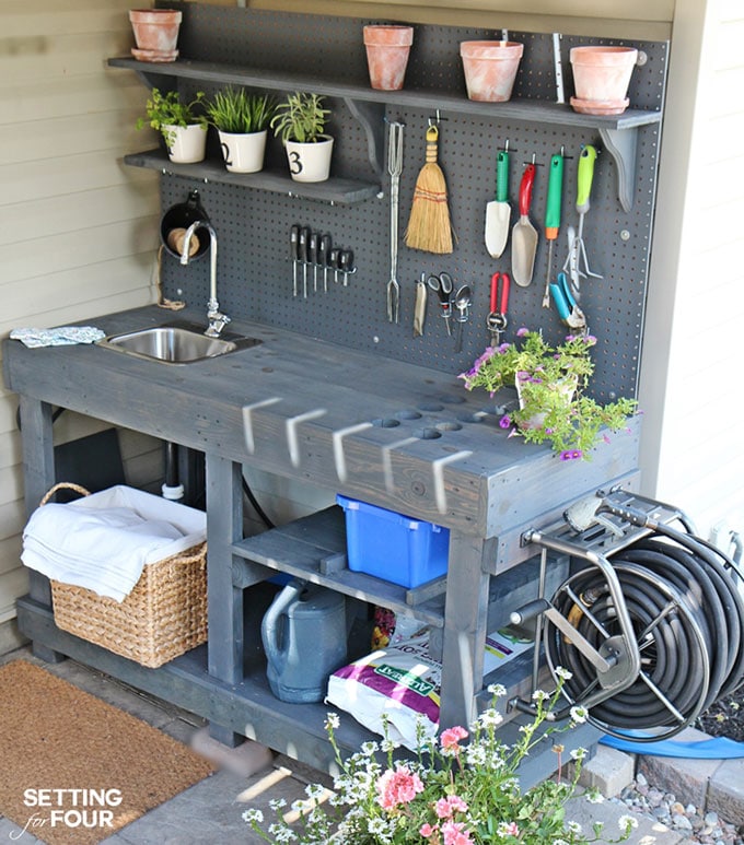 10+ inexpensive and inspiring DIY potting bench ideas to get you in the mood for spring gardening. They could also be used as a serving station on your porch, deck or patio.