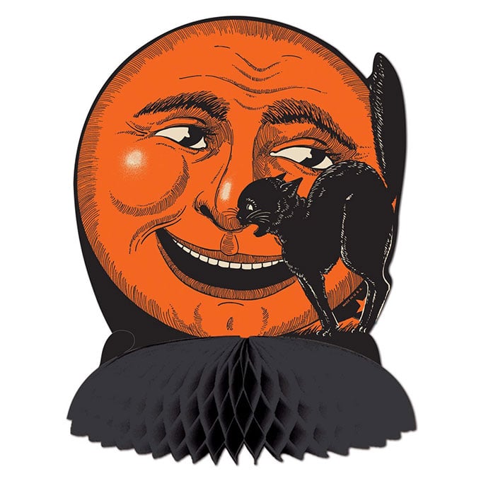 Beistle Cat And Moon Centerpiece - Vintage looking Beistle Halloween decor is a fun retro way to decorate for fall. Lots of traditional orange and black, witches, skeletons and black cats.