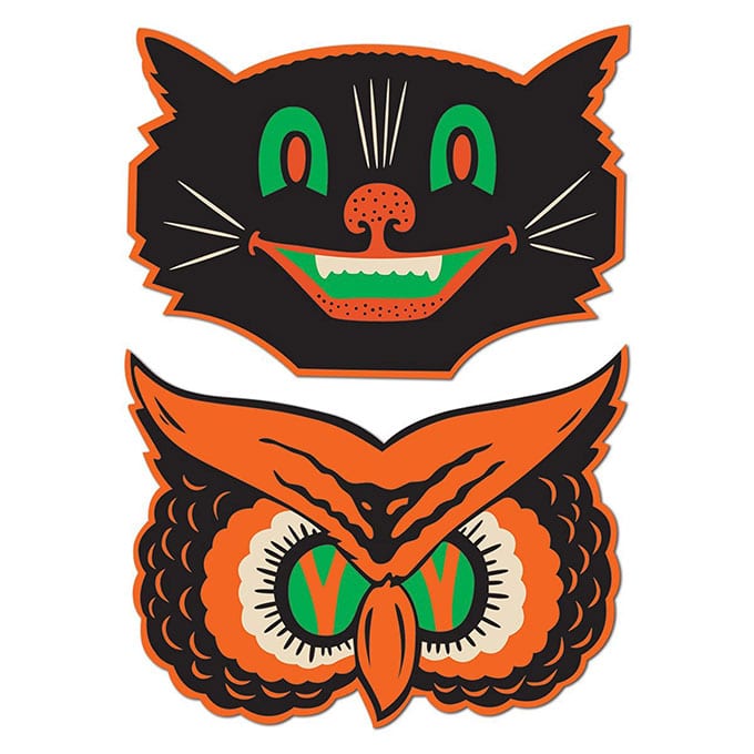 Beistle Cat And Owl Cutouts - Vintage looking Beistle Halloween decor is a fun retro way to decorate for fall. Lots of traditional orange and black, witches, skeletons and black cats.