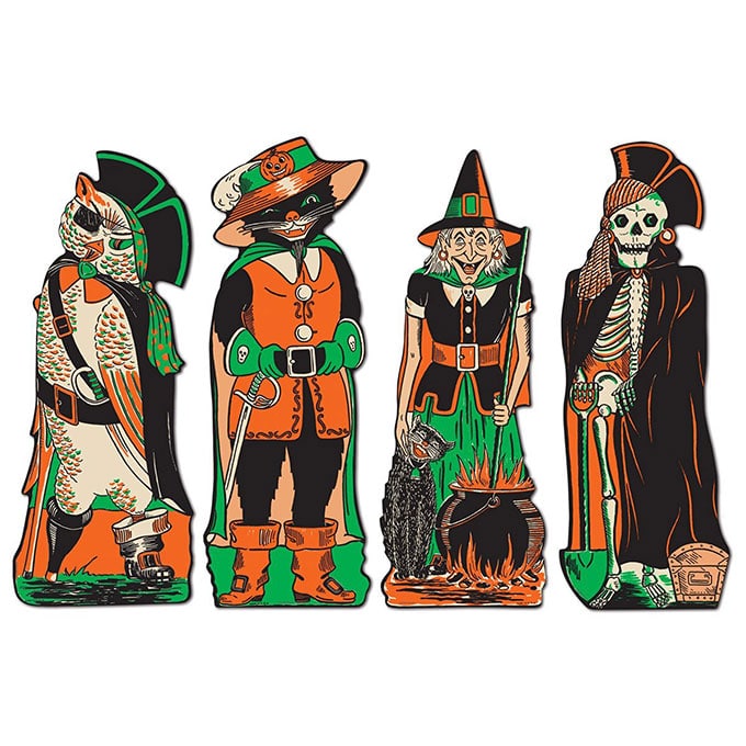 Beistle Halloween Paper Decorations - Vintage looking Beistle Halloween decor is a fun retro way to decorate for fall. Lots of traditional orange and black, witches, skeletons and black cats.