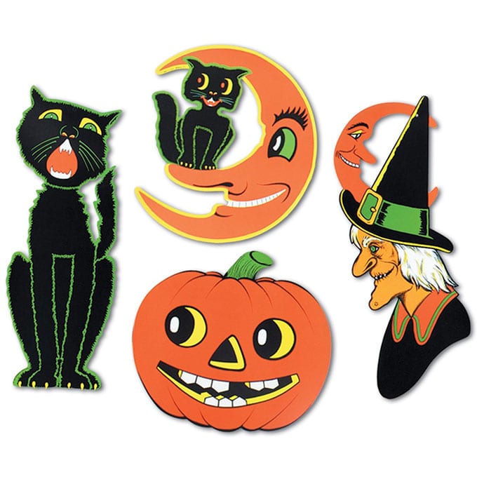 Beistle Halloween Cutouts - Vintage looking Beistle Halloween decor is a fun retro way to decorate for fall. Lots of traditional orange and black, witches, skeletons and black cats.