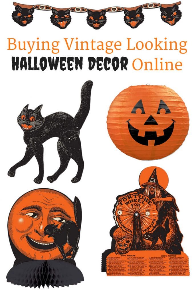 Vintage looking Beistle Halloween decor is a fun retro way to decorate for fall. Lots of traditional orange and black, witches, skeletons and black cats.