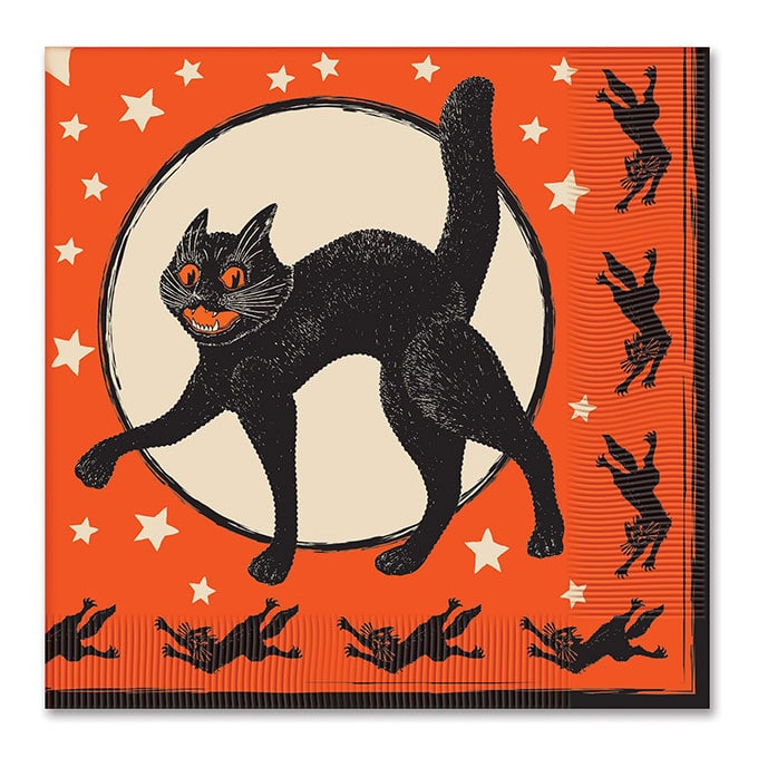 Beistle Halloween Paper Napkins - Vintage looking Beistle Halloween decor is a fun retro way to decorate for fall. Lots of traditional orange and black, witches, skeletons and black cats.