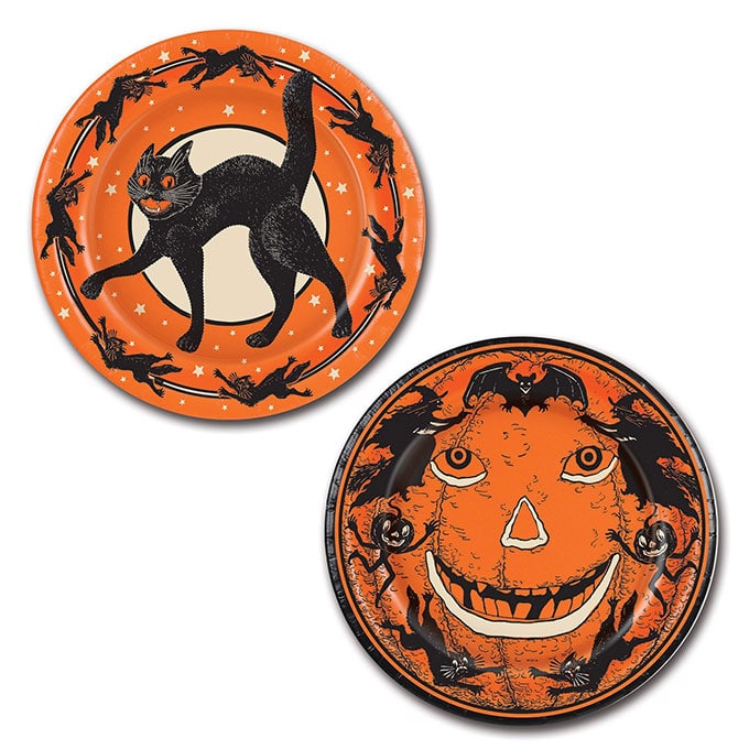 Beistle Halloween Party Plates - Vintage looking Beistle Halloween decor is a fun retro way to decorate for fall. Lots of traditional orange and black, witches, skeletons and black cats.