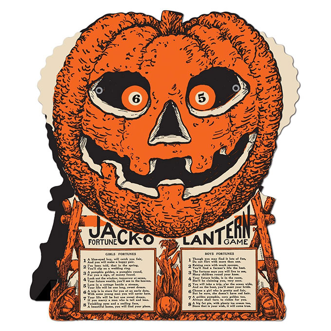 Beistle Jack-o-Lantern Fortune Game - Vintage looking Beistle Halloween decor is a fun retro way to decorate for fall. Lots of traditional orange and black, witches, skeletons and black cats.