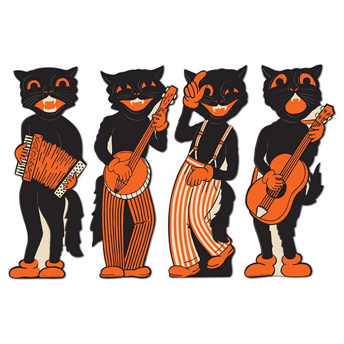 Beistle Cat Cutouts - Vintage looking Beistle Halloween decor is a fun retro way to decorate for fall. Lots of traditional orange and black, witches, skeletons and black cats.