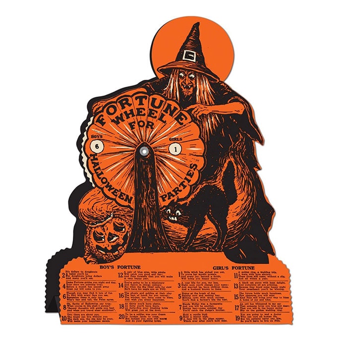 Beistle Witch Fortune Wheel - Vintage looking Beistle Halloween decor is a fun retro way to decorate for fall. Lots of traditional orange and black, witches, skeletons and black cats.
