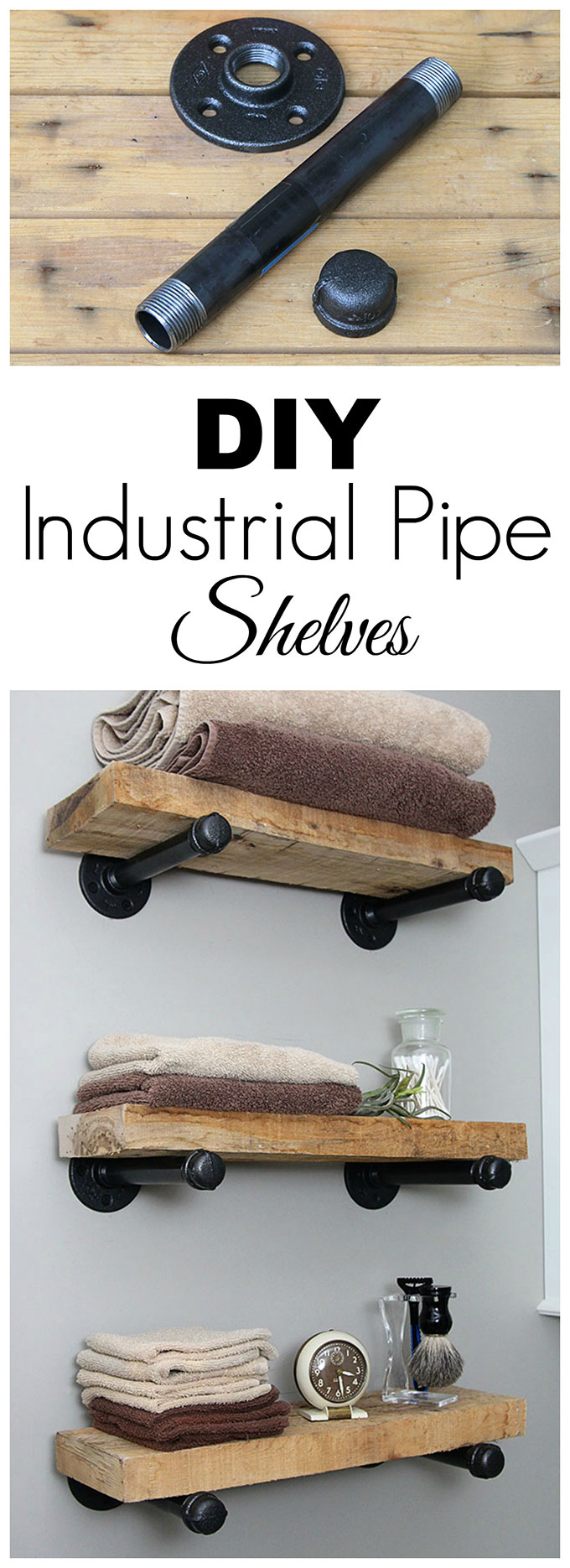 Pinterest graphic for DIY industrial pipe shelves