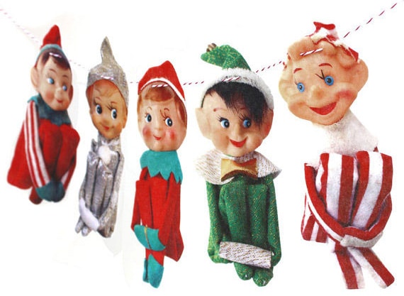 Kitschy knee hugger elf Christmas banner from Raw Bone Studio on etsy