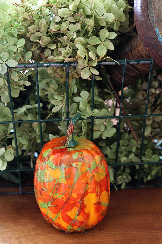 How to make a marbleized pumpkin with nail polish for your fall home decor. It's quick and easy and maybe just a little bit smelly.