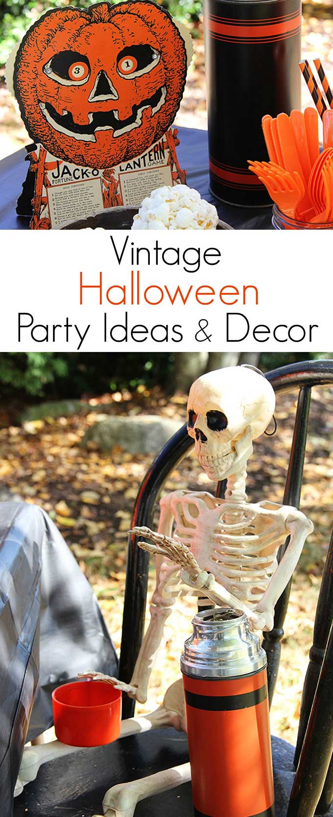 A traditional Halloween party with orange and black decor including blow molds and vintage inspired Halloween decorations.