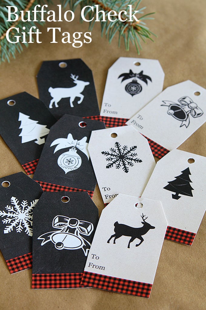 FREE printable buffalo check gift tags for Christmas gift wrapping. These rustic chalkboard inspired tags are great for tying on wine bottles too.