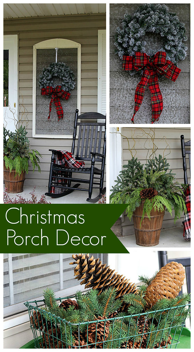 Festive Christmas porch decorations that transition easily from Christmas to winter are found on our rustic, farmhouse, plaid and nature inspired porch.