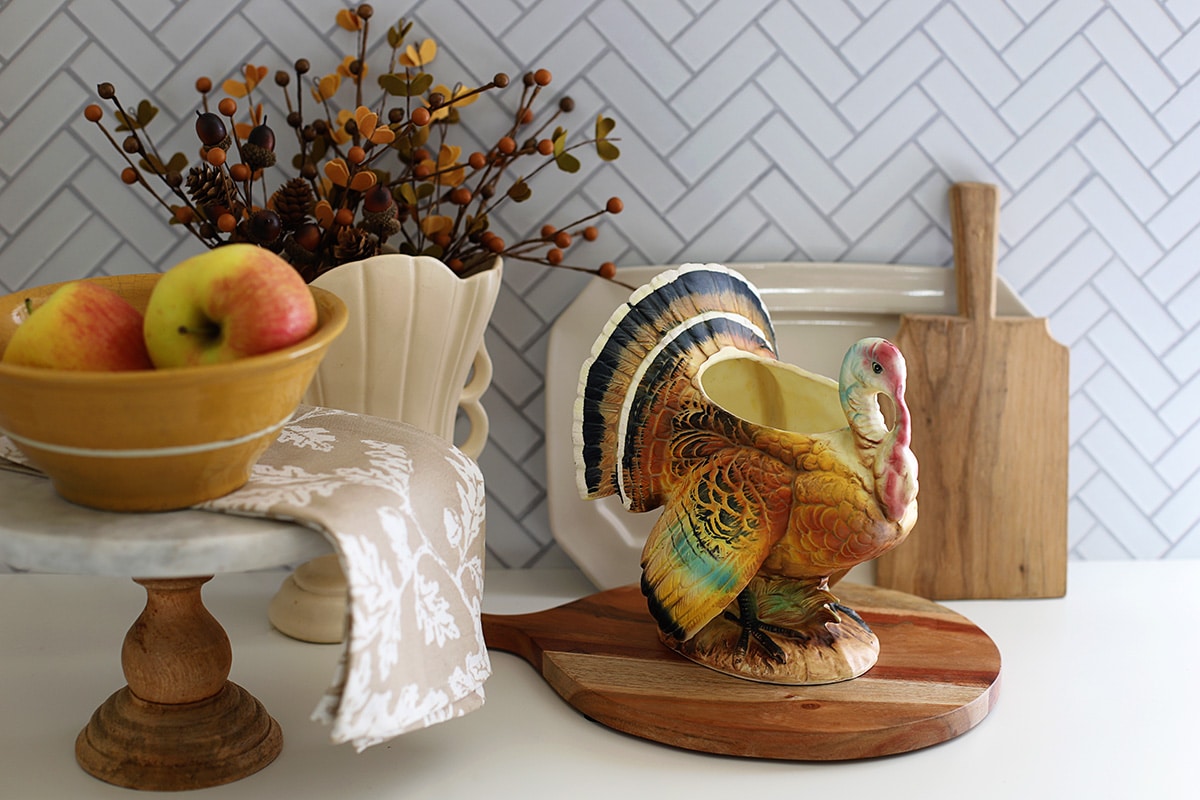 Colorful Napcoware Thanksgiving turkey dinnerware, most likely a soup tureen.
