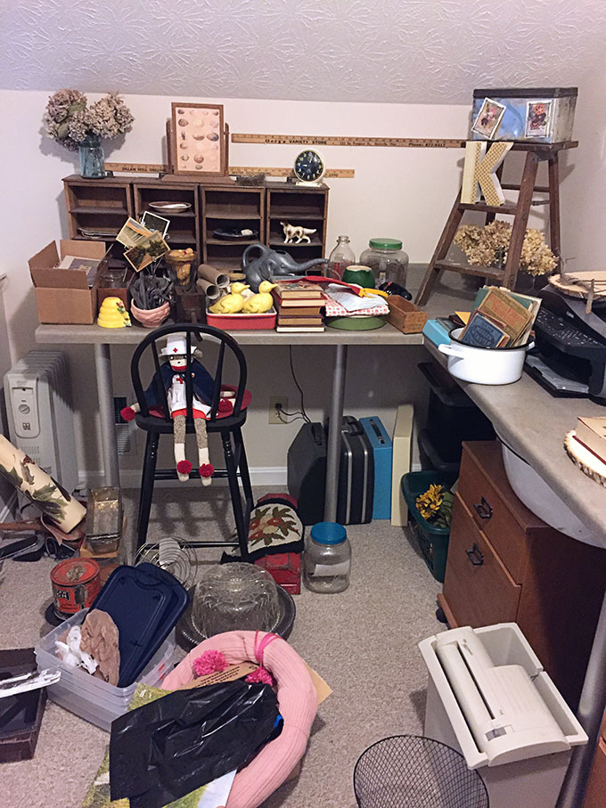 Messy office before organizing using the KonMari Method