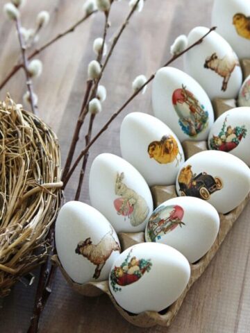 Vintage inspired Easter eggs using temporary tattoo paper and vintage Easter postcard images.