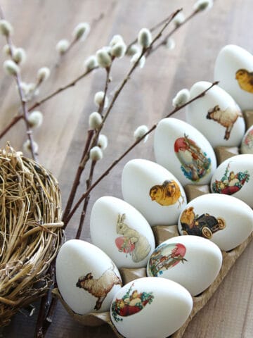 Vintage inspired Easter eggs using temporary tattoo paper and vintage Easter postcard images.
