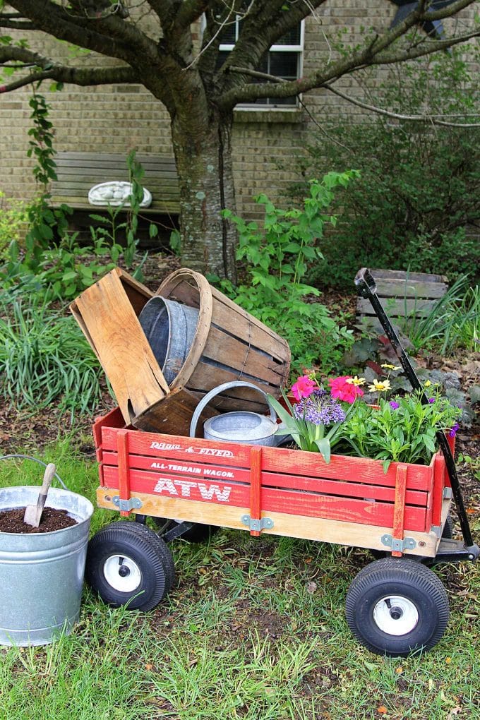 Hauling gardening supplies in a wagon