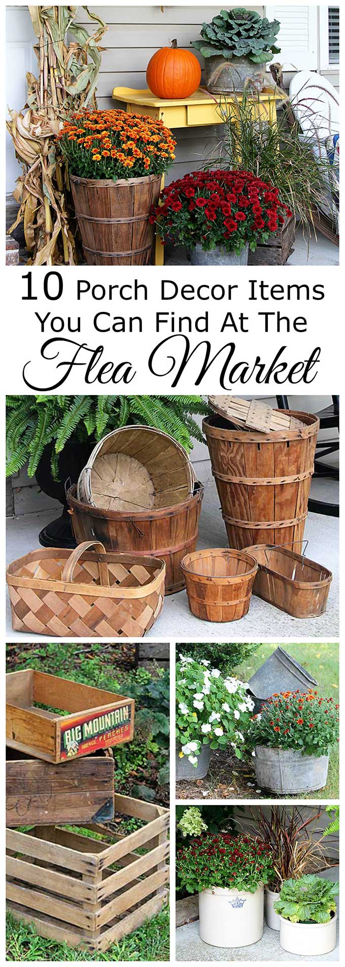 Some of the best fall porch decor can be found at flea markets, festivals, fairs, barn sales and estate sales. They are a great place to pick up inexpensive rustic farmhouse decor for the porch.