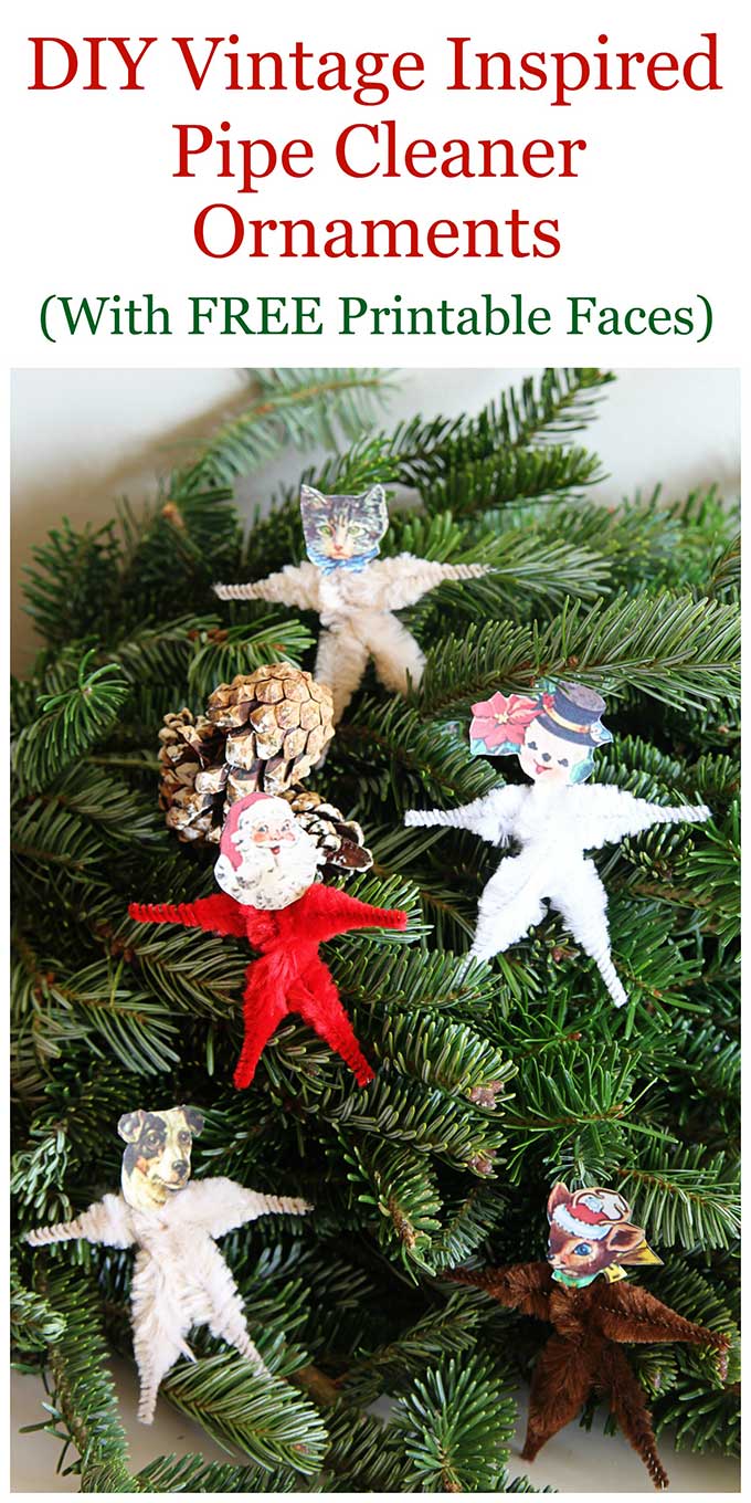 This easy to make chenille pipe cleaner Christmas craft includes free vintage style printable faces. Use as Christmas tree ornaments or package ties. #christmascrafts #pipecleanercrafts #ChristmasDecor #ChristmasDecorations #holidaydecor #VintageChristmas 