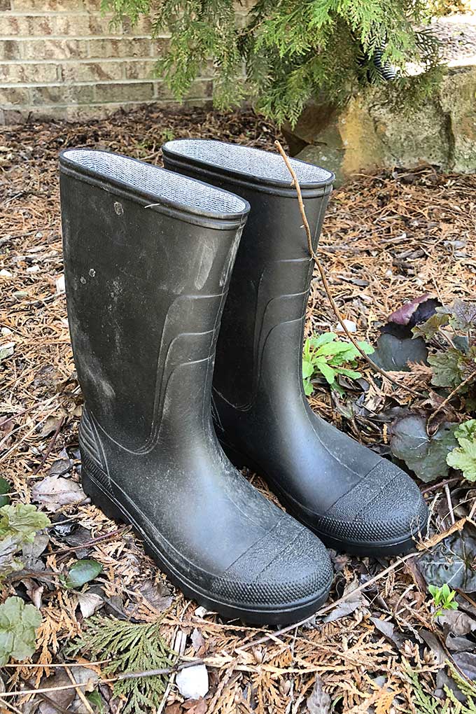 Old rubber boots being made into upcycled boot planters