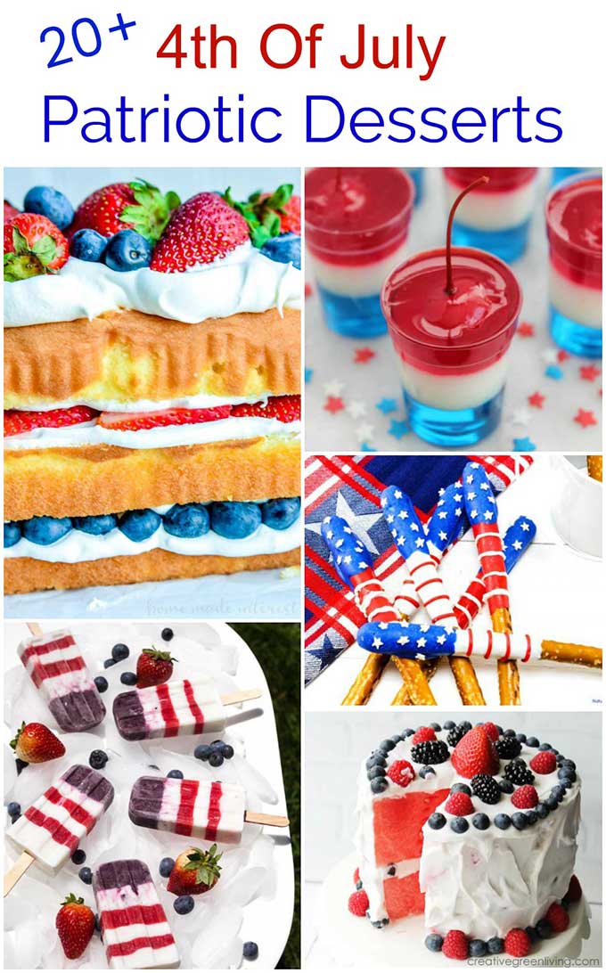A collection of more than 20 patriotic Fourth of July desserts that will make dessert the star of your 4th of July picnic! Many Pinterest favorites including Firecracker Jell-o Cups, American Flag Popsicles, Red White And Blue Poke Cake and more. #patriotic #4thofjuly #fourthofjuly #dessert 