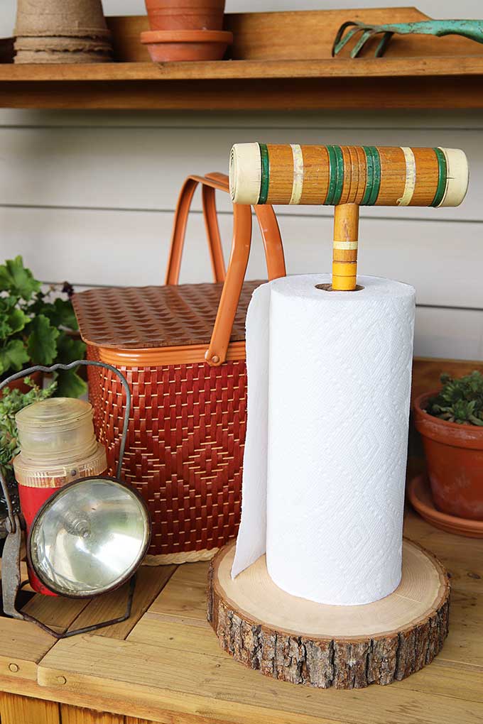 Croquet mallet repurposed into a paper towel holder! 