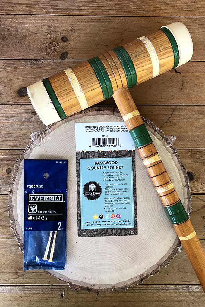 Supplies for repurposing a croquet mallet into a paper towel holder! 