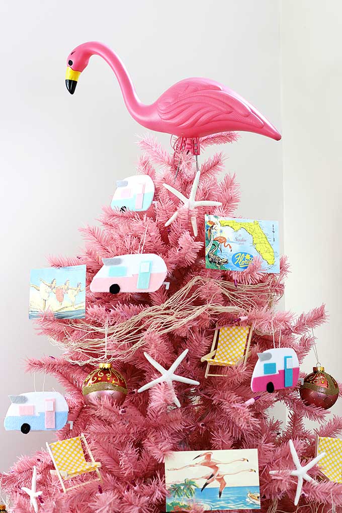 Pink flamingo and Shasta camper Christmas tree decor