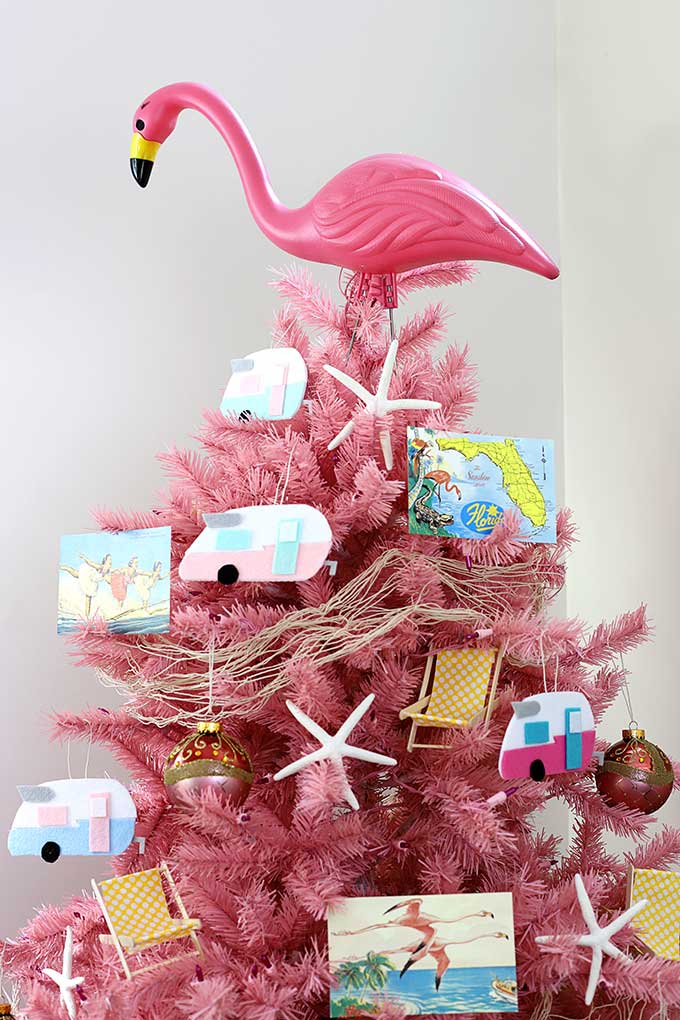 Pink flamingo and Shasta camper Christmas tree decor