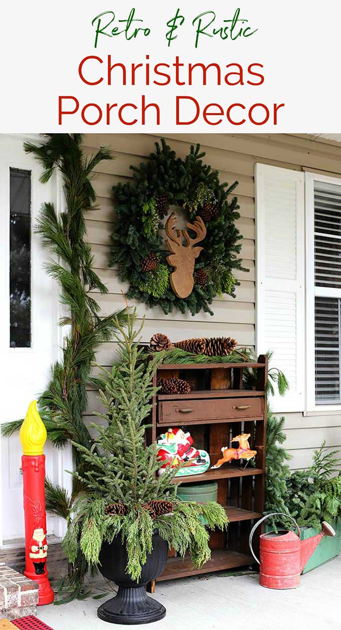 Learn how to add a bit of retro Christmas kitsch to your outdoor front porch Christmas decorations this year! It's a fun and festive Christmas porch decor look! #porchdecor #christmas #christmasporch #winterdecor #retro #vintage #kitschmas