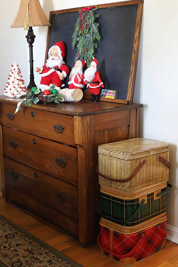 plaid picnic baskets used as holiday decor